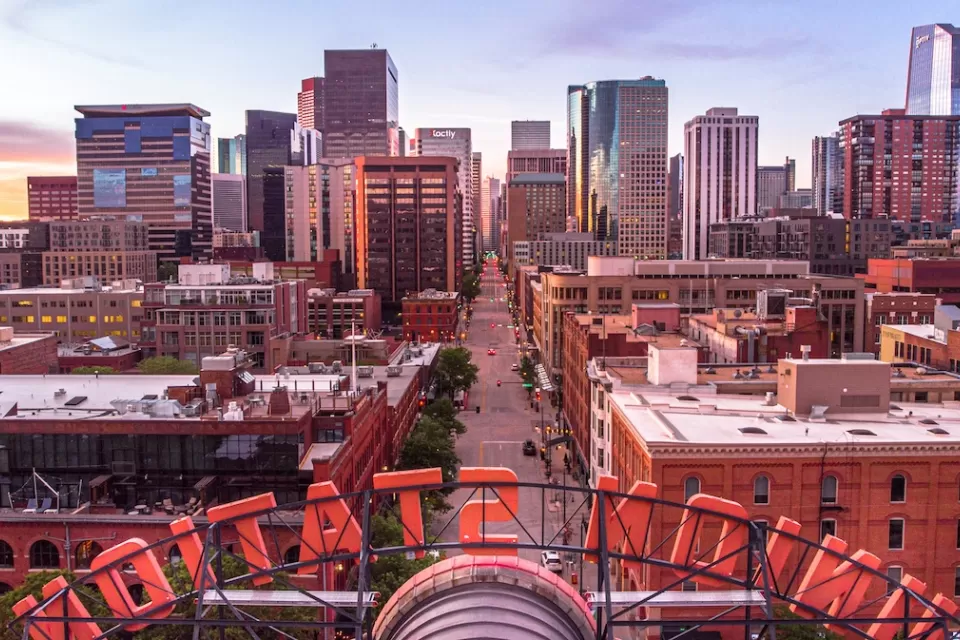 Downtown Denver as seen from behind Union Station roof sign.